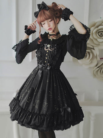 Gothic Lolita Dresses Ruffles Bows Stars Print Black Black