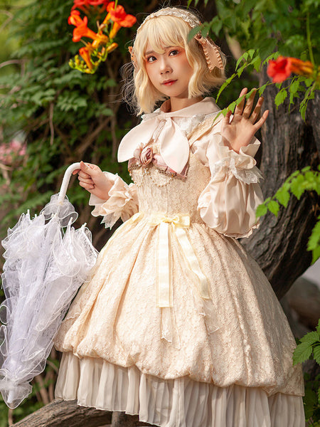 Gothic Lolita Dresses Ruffles Lace Light Apricot White Adjustable Elastic
