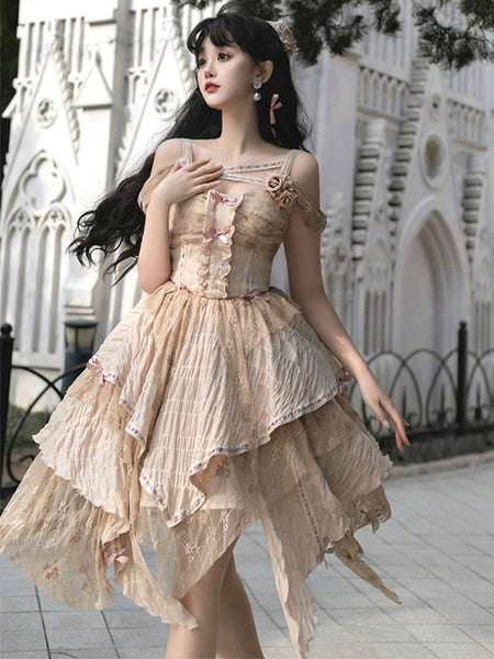 Gothic Lolita Dresses Ruffles Rose Burgundy Ecru White
