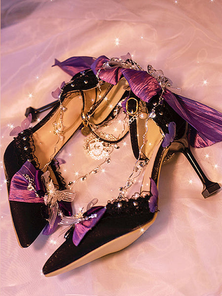 Gothic Lolita Footwear Black Chains Bows Ruffles Silk And Satin Stiletto Heel Lolita Pumps
