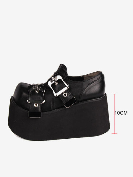 Gothic Lolita Footwear Black Grommets PU Leather Wedge Heel Lolita Shoes