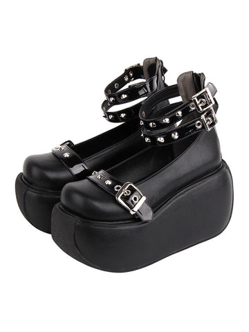 Gothic Lolita Footwear Black Rivets Round Toe PU Leather Lolita Pumps