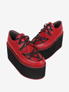 Gothic Lolita Footwear Burgundy Lace Up Round Toe PU Leather Lolita Pumps