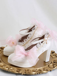 Gothic Lolita Footwear White Flowers Bows Ruffles Round Toe PU Leather Lolita Pumps