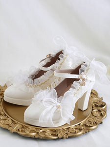 Gothic Lolita Footwear White Flowers Bows Ruffles Round Toe PU Leather Lolita Pumps