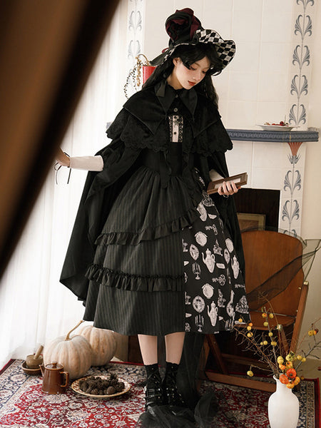 Gothic Lolita Outfits Black Floral Print Ruffles Tiered Long Sleeves Skirt Blouse