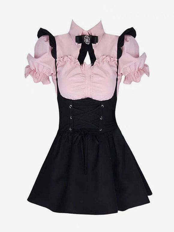 Gothic Lolita Outfits Black Lace Up Ruffles Short Sleeves Blouse Jumper