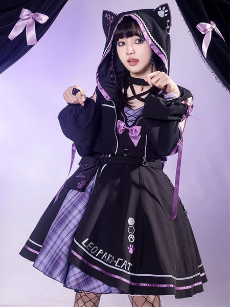 Gothic Lolita Outfits Black Plaid Bows Sleeveless Jumper Overcoat