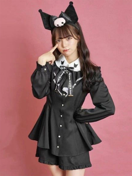 Gothic Lolita Outfits Black Ruffles Long Sleeves Pants Top Bowknot