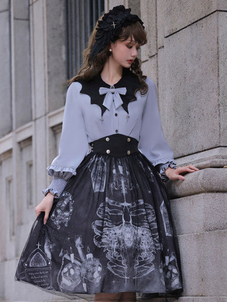 Gothic Lolita Outfits Blue Ruffles Long Sleeves Skirt Blouse