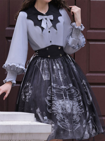 Gothic Lolita Outfits Blue Ruffles Long Sleeves Skirt Blouse
