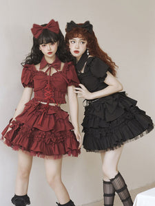 Gothic Lolita Outfits Burgundy Bows Ruffles Short Sleeves Skirt Top