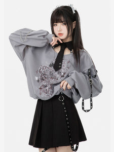 Gothic Lolita Outfits Gray Metal Details Floral Print Long Sleeves Skirt Top