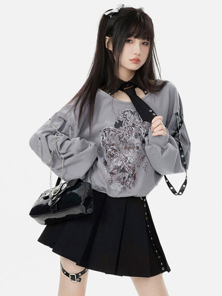Gothic Lolita Outfits Gray Metal Details Floral Print Long Sleeves Skirt Top