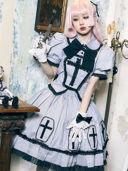 Gothic Lolita Outfits Gray Ruffles Bow Short Sleeves Skirt Top