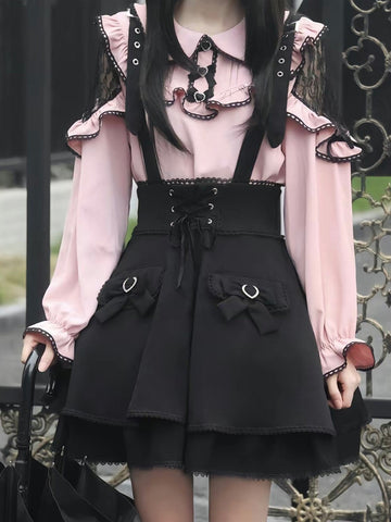 Gothic Lolita Outfits Pink Ruffles Bows Lace Long Sleeves Skirt Blouse