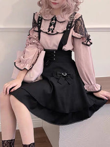 Gothic Lolita Outfits Pink Ruffles Bows Lace Long Sleeves Skirt Blouse