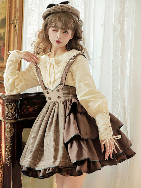 Gothic Lolita SK Ruffles Deep Brown Plaid Lolita Skirts