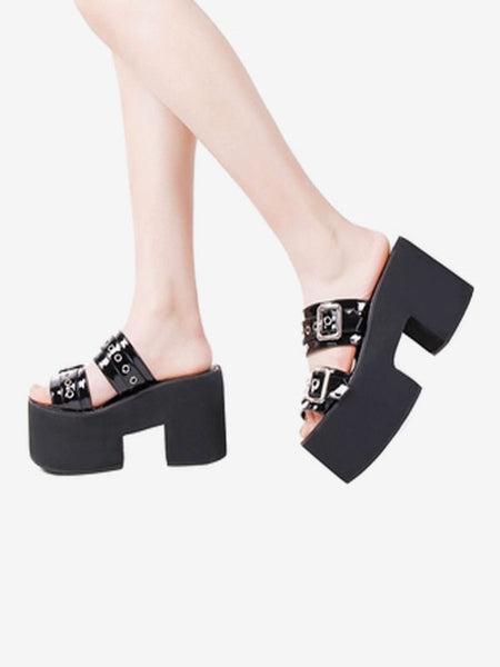 Gothic Lolita Sandals Black Patent PU Upper Round Toe Lolita Summer Shoes