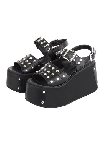 Gothic Lolita Sandals Black Rivets PU Leather Round Toe Lolita Summer Shoes