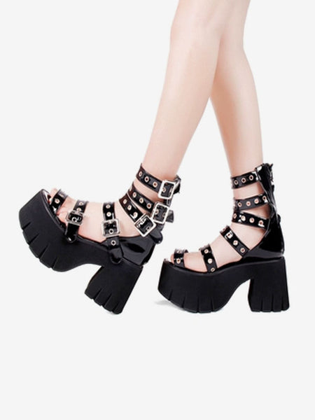 Gothic Lolita Sandals Peep Toe Patent PU Upper Black Lolita Summer Shoes