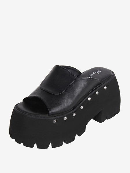 Gothic Lolita Sandals Rivets Round Toe PU Leather Black Lolita Summer Shoes