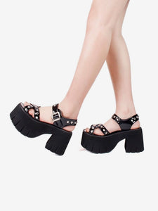 Gothic Lolita Sandals Rivets Round Toe Patent PU Upper Black Lolita Summer Shoes