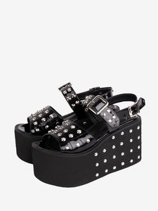 Gothic Lolita Sandals Rivets Round Toe Patent PU Upper Black Lolita Summer Shoes