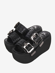 Gothic Lolita Sandals Round Toe PU Leather Black Lolita Summer Shoes
