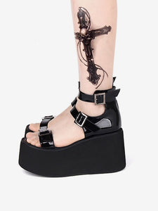 Gothic Lolita Sandals Round Toe Patent PU Upper Black Lolita Summer Shoes