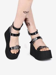 Gothic Lolita Sandals Round Toe Patent PU Upper Black Lolita Summer Shoes