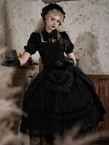 Gothic Lolita Skirt Black Bows Ruffles Lolita Skirts
