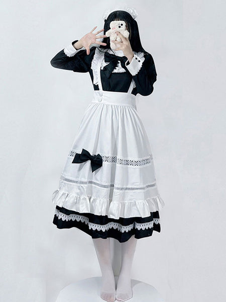 Gothic Maid Lolita Dresses Bows Ruffles Long Sleeves Black Lolita Dress