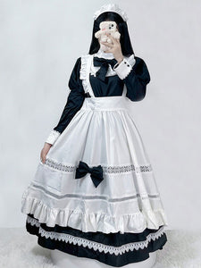 Gothic Maid Lolita Dresses Bows Ruffles Long Sleeves Black Lolita Dress