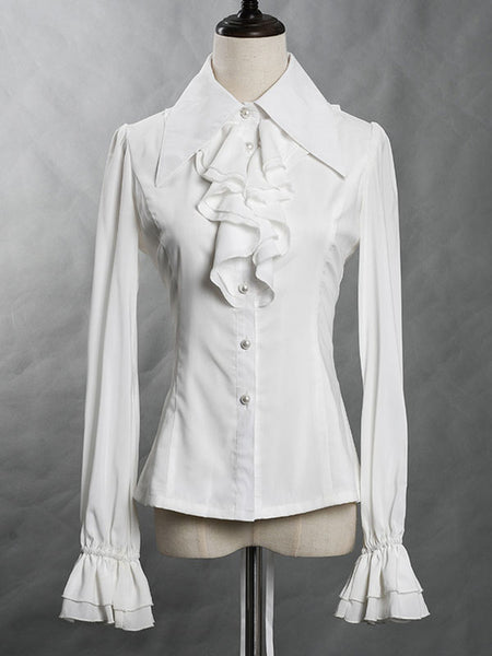 Gothic Ouji Lolita Blouses White Long Sleeves Lolita Top Ruffles Lolita Shirt