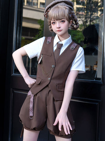 Gothic Ouji Lolita Outfits Coffee Brown Sleeveless Pants Overcoat