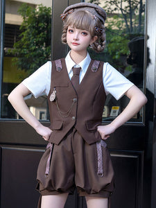 Gothic Ouji Lolita Outfits Coffee Brown Sleeveless Pants Overcoat