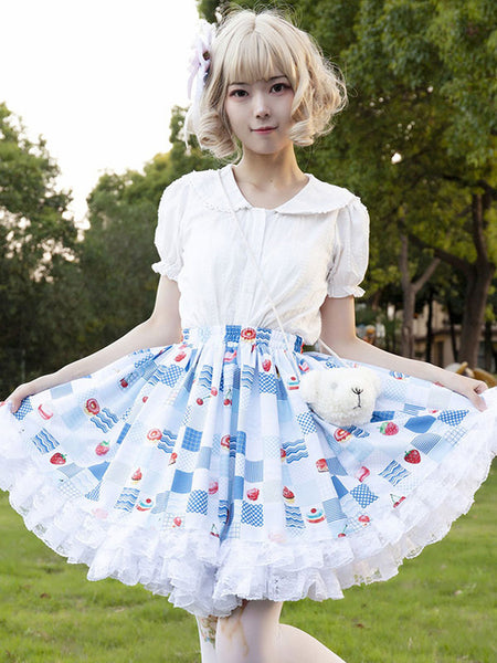 Harajuku Fashion Lolita SK Floral Print Light Sky Blue Ruffles Lolita Skirts
