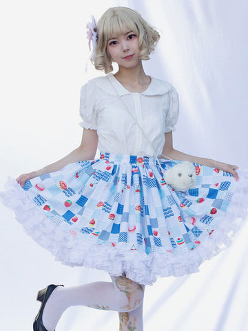 Harajuku Fashion Lolita SK Floral Print Light Sky Blue Ruffles Lolita Skirts