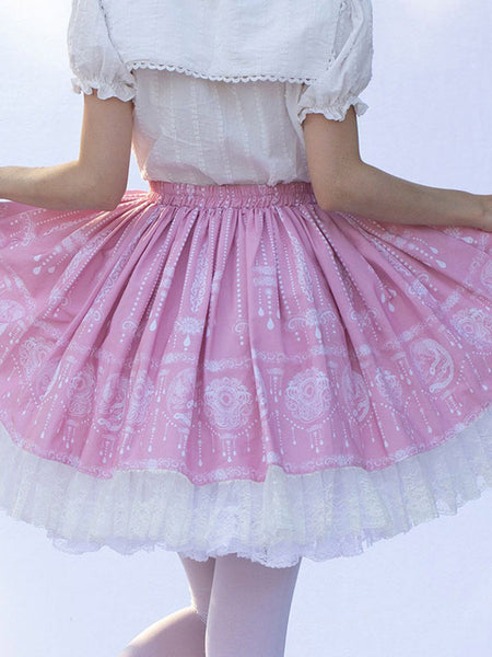 Harajuku Fashion Lolita SK Floral Print Pink Ruffles Lolita Skirts