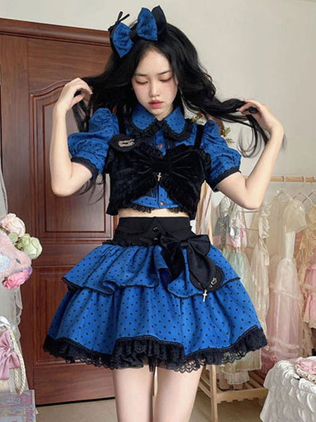Idol clothes Lolita Outfits Blue Ruffles Polka Dot Short Sleeves Top Skirt Adjustable Elastic