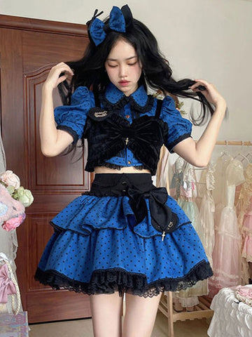Idol clothes Lolita Outfits Blue Ruffles Polka Dot Short Sleeves Top Skirt Adjustable Elastic