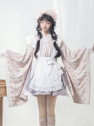 Japanese Style Lolita Costumes Lolita Dresses Polyester Bows Floral Print Kimono Long Sleeves Pink