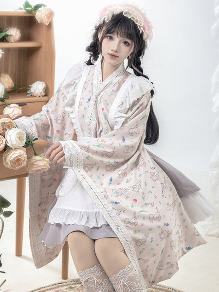 Japanese Style Lolita Costumes Lolita Dresses Polyester Bows Floral Print Kimono Long Sleeves Pink
