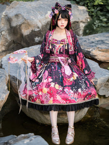 Japanese Style Lolita Costumes Lolita Dresses Polyester Bows Floral Print Kimono Sleeveless Black