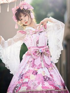 Japanese Style Lolita Costumes Lolita Dresses Polyester Bows Floral Print Kimono Sleeveless Black