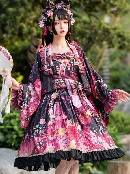 Japanese Style Lolita Costumes Lolita Dresses Polyester Bows Floral Print Kimono Sleeveless Pink
