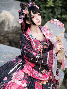 Japanese Style Lolita Costumes Lolita Dresses Polyester Bows Floral Print Kimono Sleeveless Pink