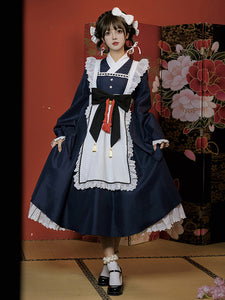 Japanese Style Lolita Costumes Lolita Dresses Polyester Bows Two-Tone Kimono Long Sleeves Black