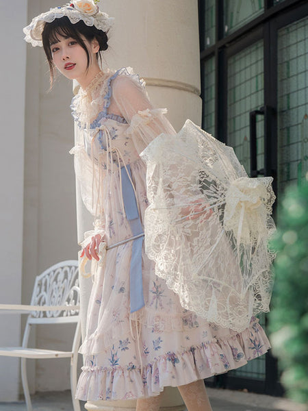 Japanese Style Lolita Costumes Lolita Dresses Polyester Ruffles Floral Print Chinese Style Sleeveless Ecru White